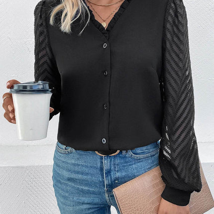 Mesh V-Neck Button Front Blouse - MimiStylez
