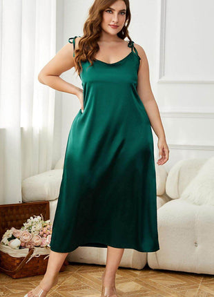 Plus Size Tie-Shoulder Midi Night Dress - MimiStylez