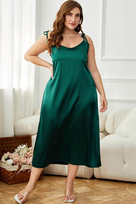 Plus Size Tie-Shoulder Midi Night Dress - MimiStylez