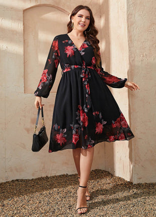 Plus Size Floral Surplice Neck Tie Waist Dress - MimiStylez