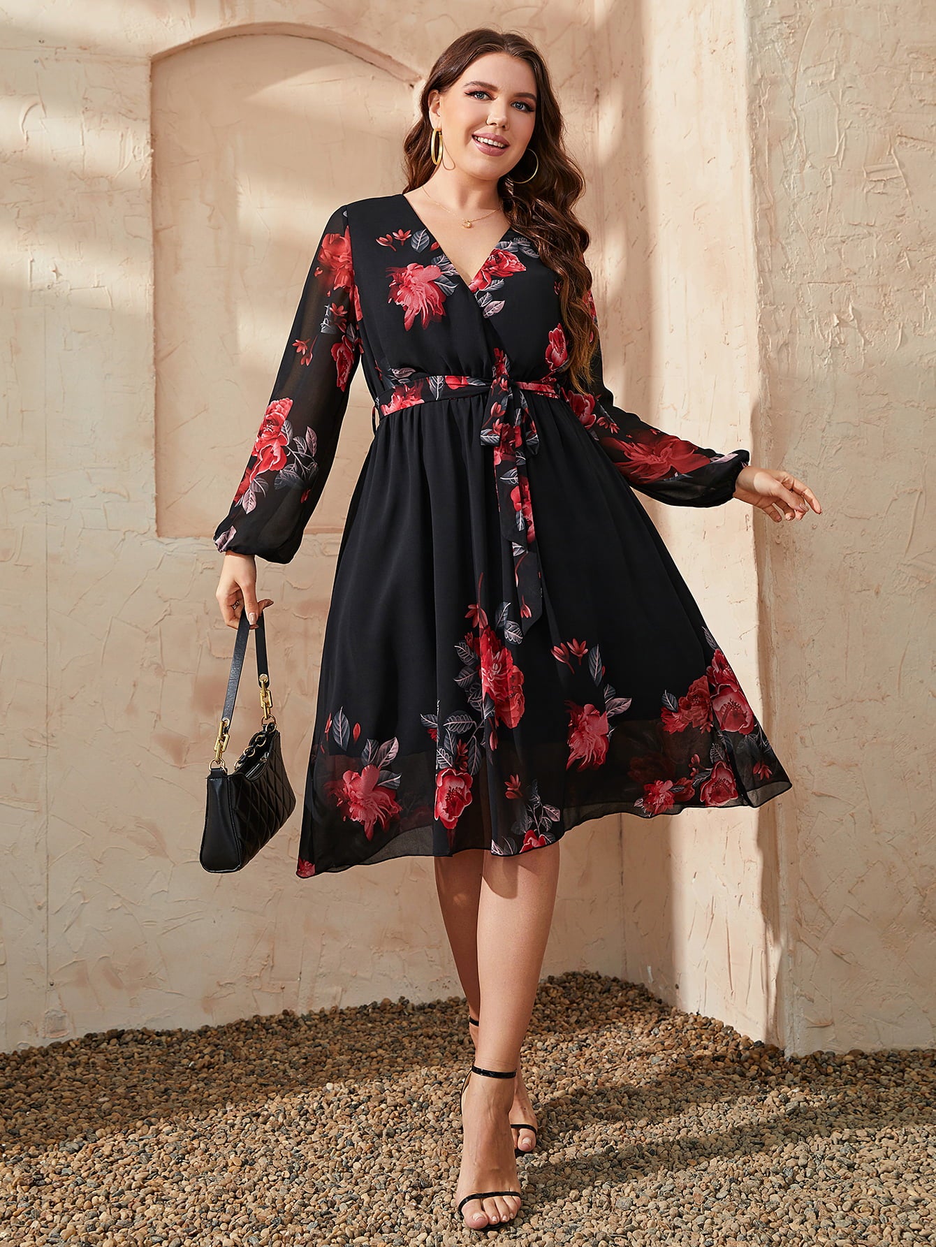 Plus Size Floral Surplice Neck Tie Waist Dress