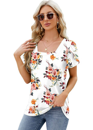 Square Neck Short-sleeved T-shirt With Petal Sleeve Design Bohemian Loose T-shirt - MimiStylez