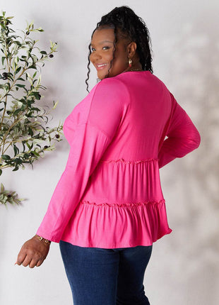 Double Take Half Button Long Sleeve Ruffle Hem Blouse - MimiStylez