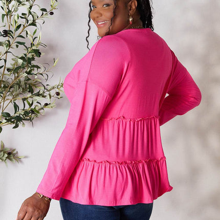 Double Take Half Button Long Sleeve Ruffle Hem Blouse - MimiStylez
