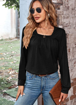 Ruched Square Neck Long Sleeve T-Shirt - MimiStylez
