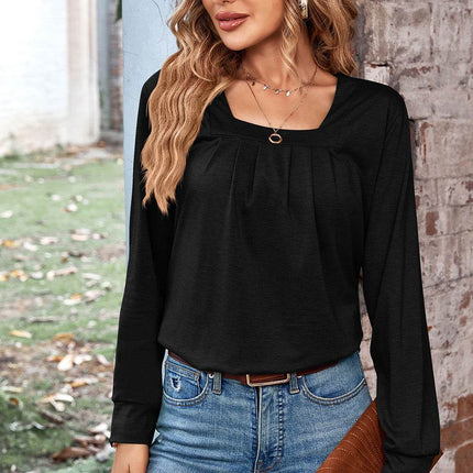 Ruched Square Neck Long Sleeve T-Shirt - MimiStylez