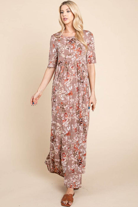 BOMBOM Printed Shirred Maxi Dress - MimiStylez