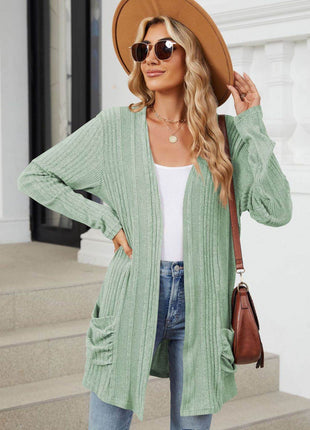 Pocketed Open Front Long Sleeve Cardigan - MimiStylez