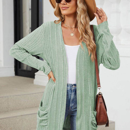 Pocketed Open Front Long Sleeve Cardigan - MimiStylez
