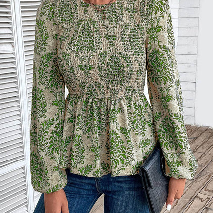 Smocked Printed Balloon Sleeve Blouse - MimiStylez