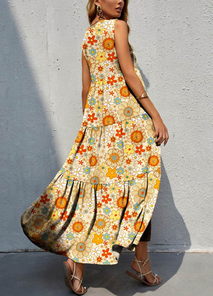 Tiered Printed V-Neck Sleeveless Dress - MimiStylez