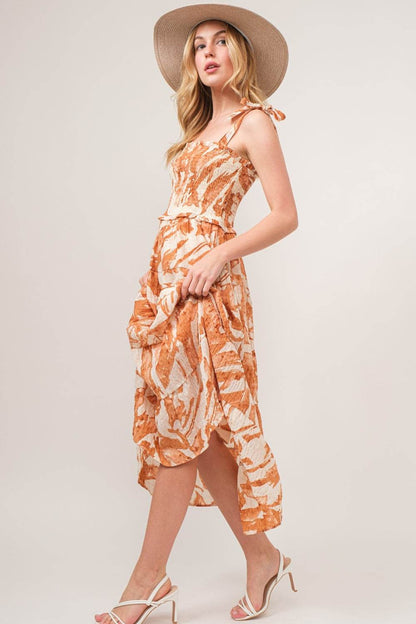And The Why Tie Shoulder Smocked Midi Tiered Dress - MimiStylez