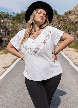 Plus Size Lace Detail V-Neck Short Sleeve Blouse - MimiStylez