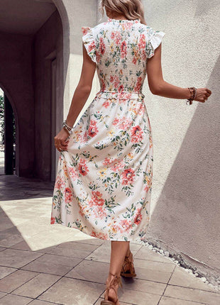 Floral Smocked Butterfly Sleeve Slit Dress - MimiStylez