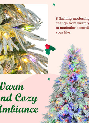 6FT Pre-Lit Spruce Snow Flocked Christmas Tree, Hinged Xmas Tree With 300 Multi-Color LED Lights, 8 Flashing Modes & 790 Snow Branch Tips