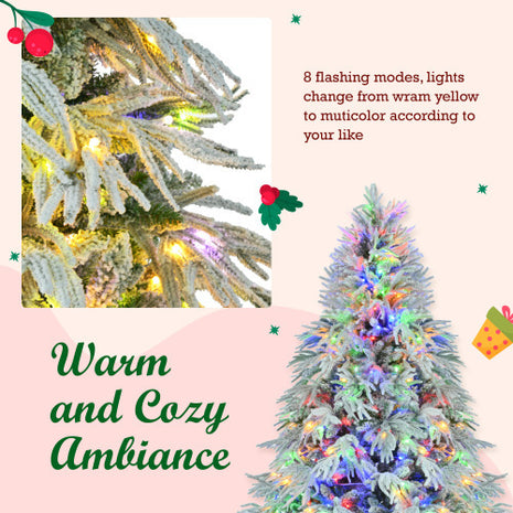 6FT Pre-Lit Spruce Snow Flocked Christmas Tree, Hinged Xmas Tree With 300 Multi-Color LED Lights, 8 Flashing Modes & 790 Snow Branch Tips