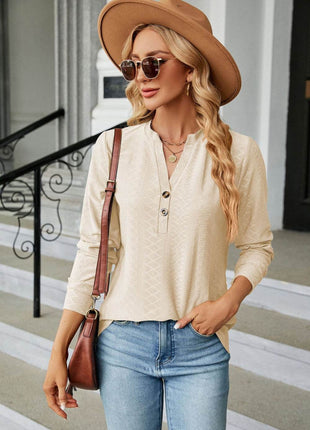 Notched Neck Long Sleeve Buttoned Blouse - MimiStylez