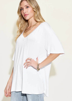 Basic Bae Full Size Bamboo V-Neck Drop Shoulder T-Shirt - MimiStylez