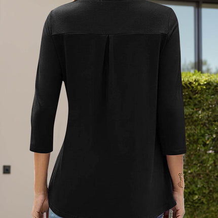 Notched Three-Quarter Sleeve T-Shirt - MimiStylez