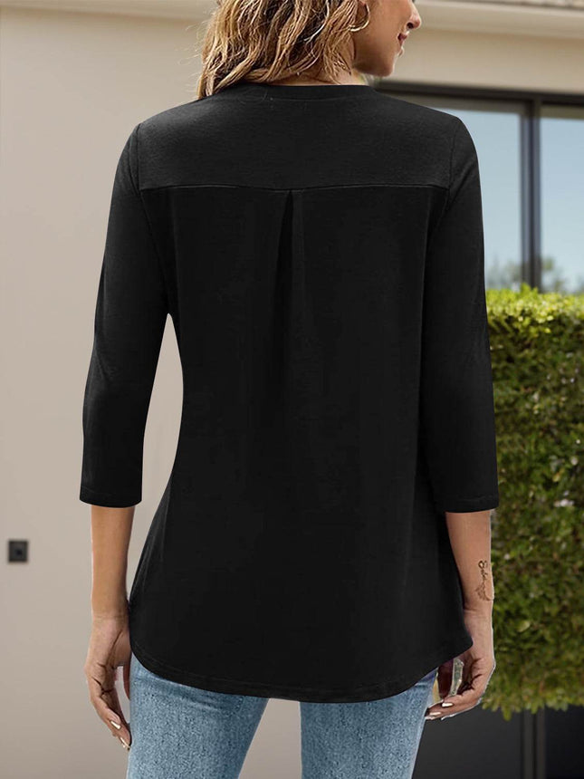 Notched Three-Quarter Sleeve T-Shirt - MimiStylez