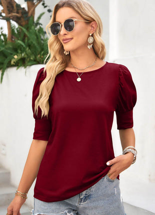 Round Neck Lantern Sleeve Blouse - MimiStylez