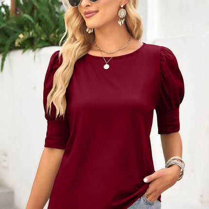 Round Neck Lantern Sleeve Blouse - MimiStylez