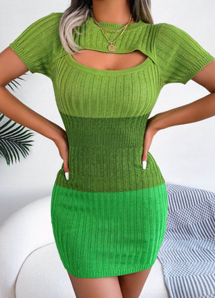 Color Block Cutout Short Sleeve Sweater Dress - MimiStylez