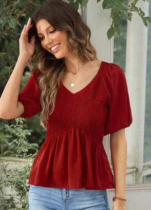 Smocked Balloon Sleeve Peplum Blouse - MimiStylez