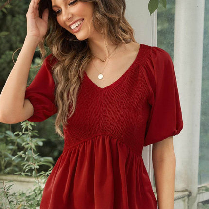 Smocked Balloon Sleeve Peplum Blouse - MimiStylez