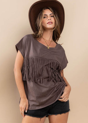 Ces Femme Fringe Detail Round Neck Short Sleeve Top - MimiStylez