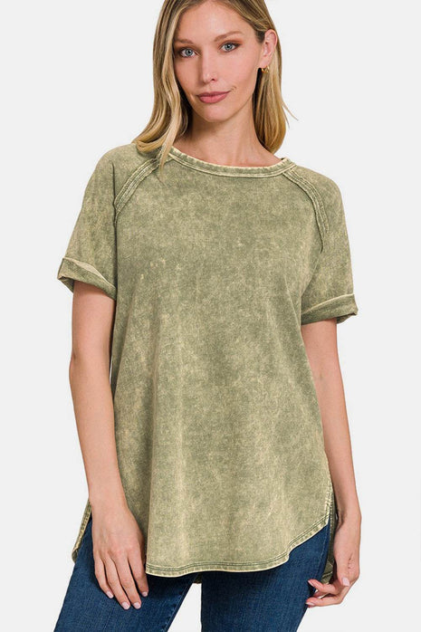 Zenana Heathered Round Neck Short Sleeve Blouse - MimiStylez