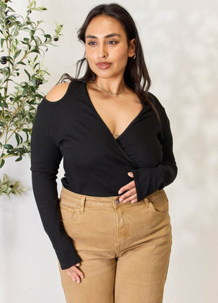 Culture Code Full Size Ribbed Surplice Cold Shoulder Top - MimiStylez