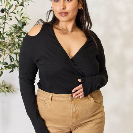 Culture Code Full Size Ribbed Surplice Cold Shoulder Top - MimiStylez