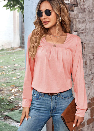 Ruched Square Neck Long Sleeve T-Shirt - MimiStylez