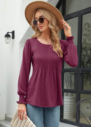Smocked Round Neck Lantern Sleeve Blouse - MimiStylez