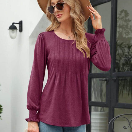 Smocked Round Neck Lantern Sleeve Blouse - MimiStylez