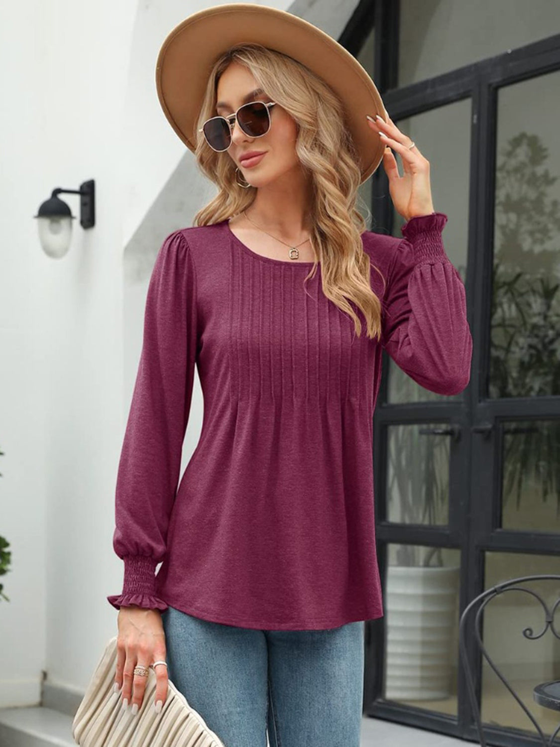 Smocked Round Neck Lantern Sleeve Blouse