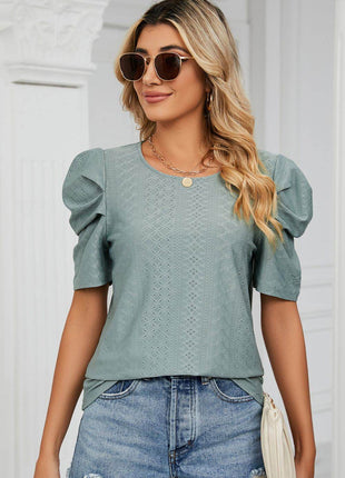 Eyelet Puff Sleeve Round Neck Blouse - MimiStylez
