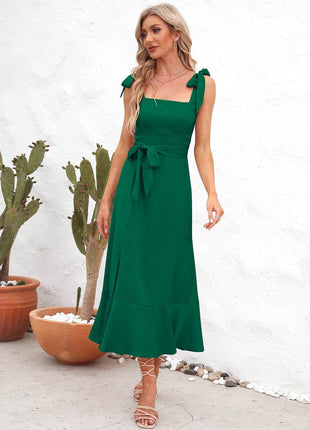 Square Neck Tie Strap Midi Dress - MimiStylez