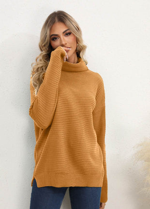 Slit Turtleneck Dropped Shoulder Sweater - MimiStylez