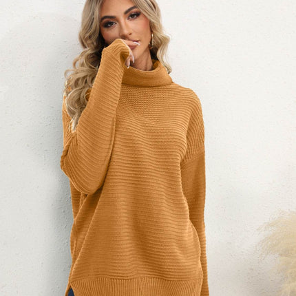 Slit Turtleneck Dropped Shoulder Sweater - MimiStylez