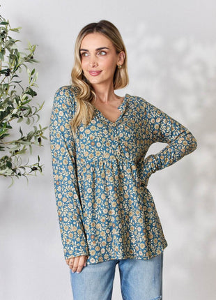 Heimish Full Size Floral Half Button Long Sleeve Blouse - MimiStylez
