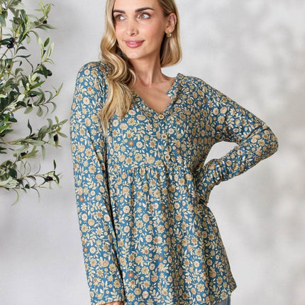 Heimish Full Size Floral Half Button Long Sleeve Blouse - MimiStylez