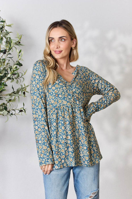 Heimish Full Size Floral Half Button Long Sleeve Blouse - MimiStylez