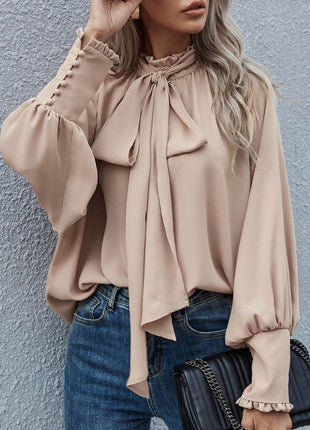 Tie Neck Lantern Sleeve Blouse - MimiStylez