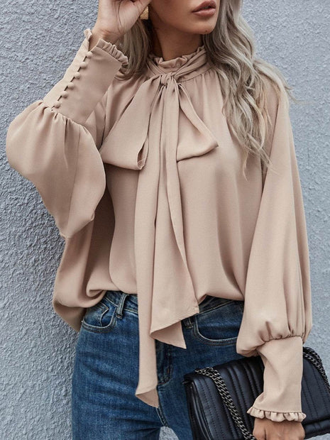 Tie Neck Lantern Sleeve Blouse - MimiStylez
