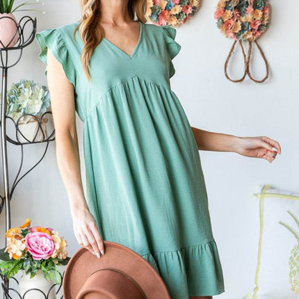Heimish Full Size Short Sleeve V Neck Ruffled Hem Dress - MimiStylez