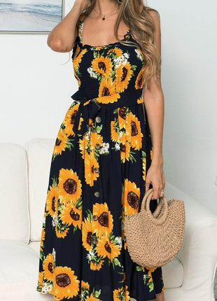Smocked Sunflower Printed Sleeveless Cami Dress - MimiStylez