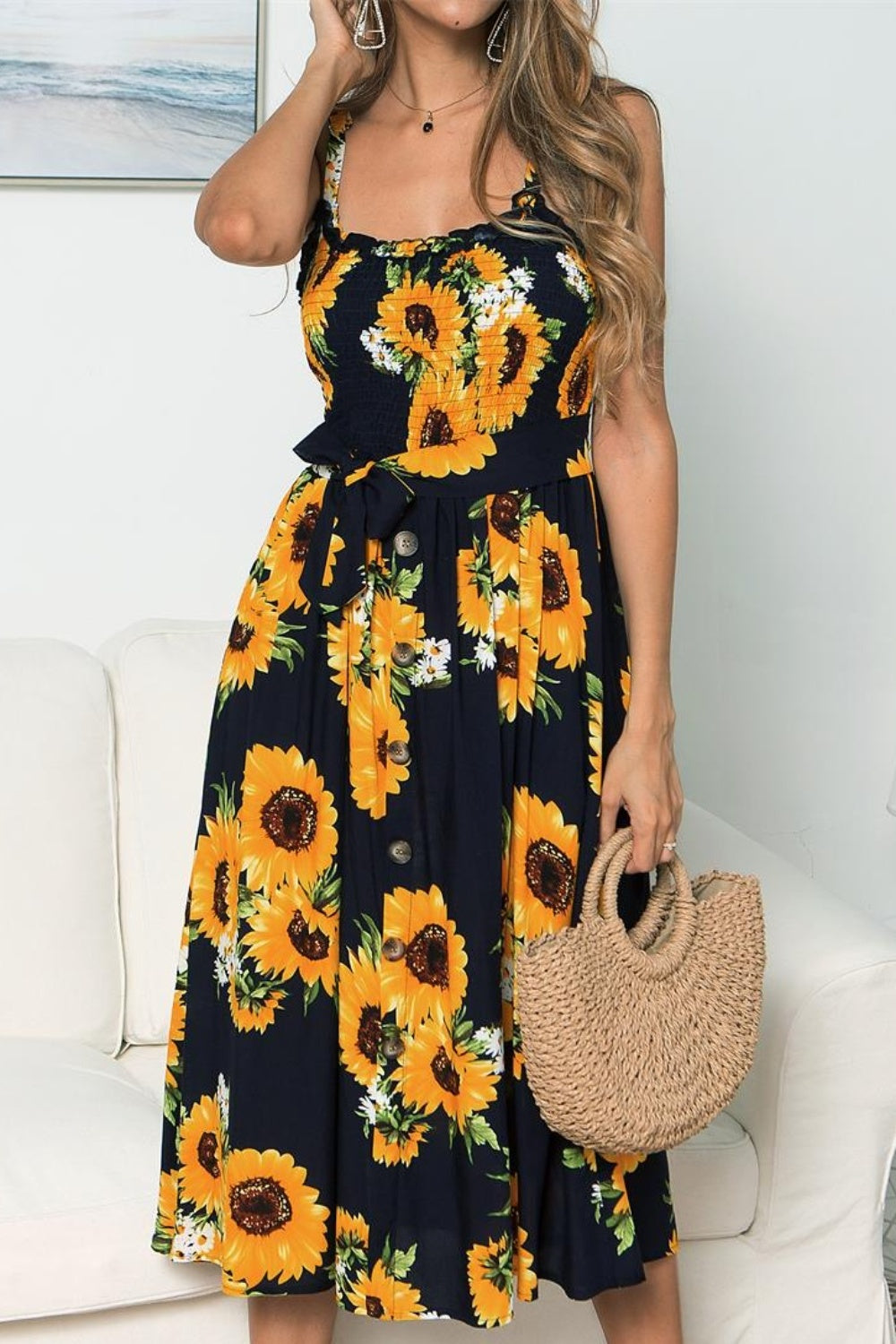 Vestido camisero sin mangas con estampado de girasoles ahumados