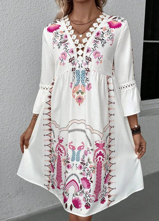 Lace Detail Printed Three-Quarter Sleeve Dress - MimiStylez